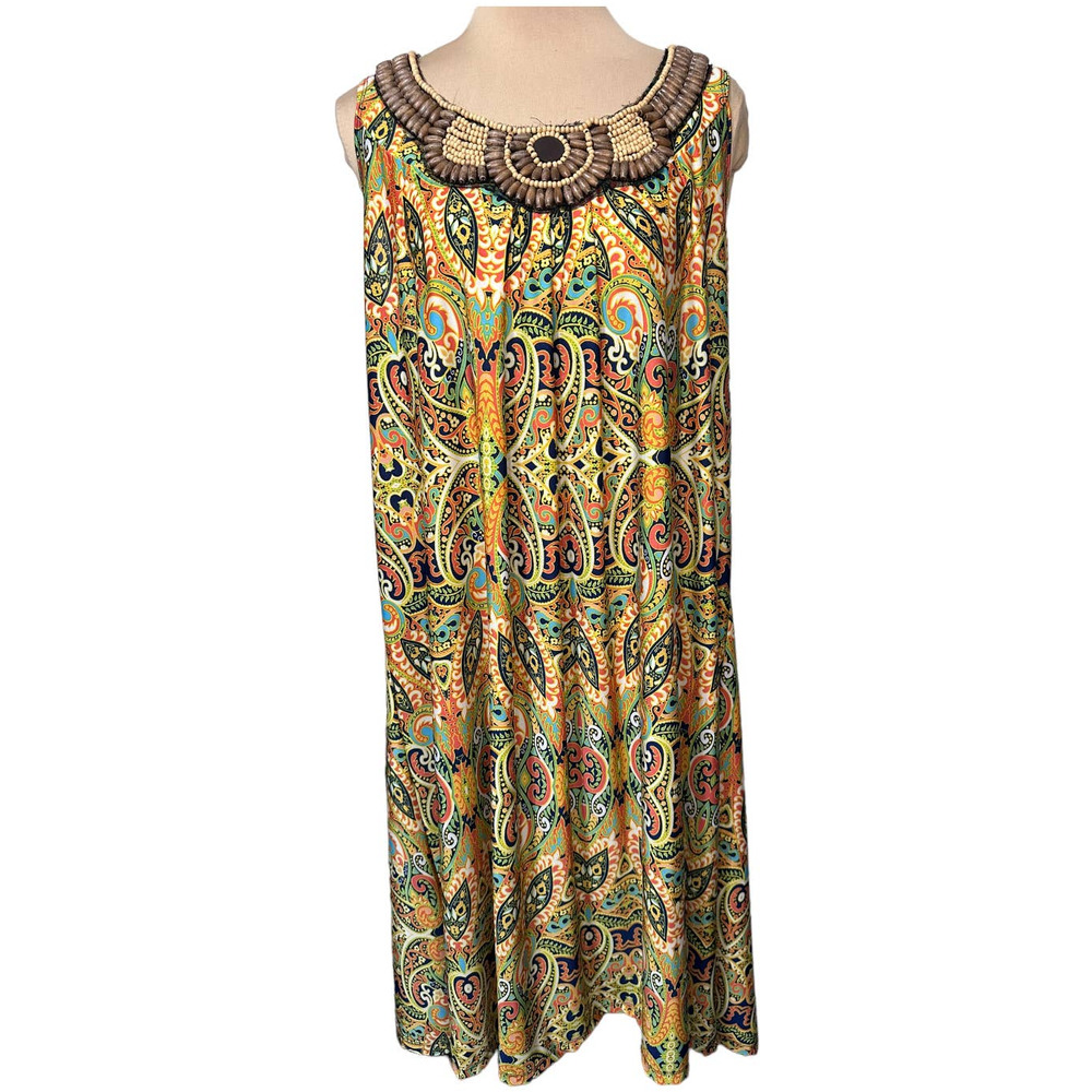 Boho Paisley Print Sleeveless Dress Wooden Beaded Neckline XL (Measured) - Picture 2 of 6